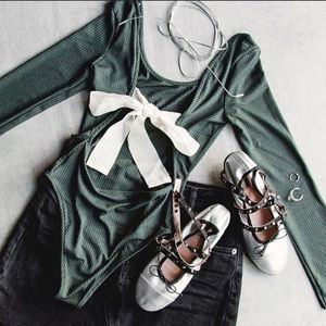 Top Shop Green White Ribboned Low Back Body Suit
